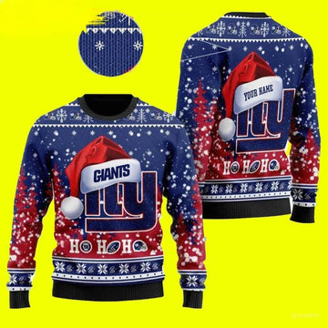 Wearing Santa Hat Custom Personalized New York Giants Ugly Christmas Sweater, NFL Christmas Sweater Moonbestprint