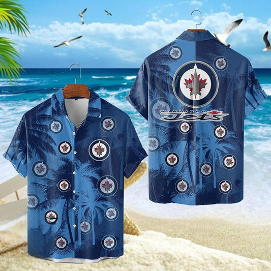 Winnipeg Jets NHL Team Colors Tropical Palm Trees And Team Logo 3D Hawaiian Shirt, NHL Hawaiian Shirt Moonbestprint