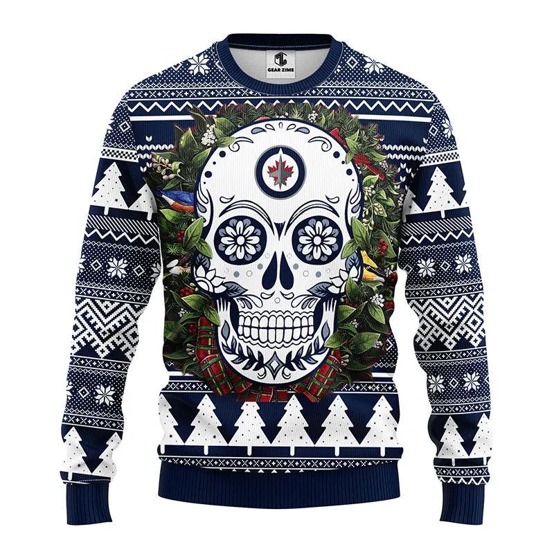 Winnipeg Jets Skull Flower Ugly Christmas Sweater, NHL Christmas Sweater Moonbestprint