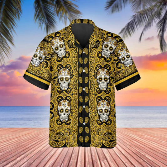 Yellow Pattern Color Skull Hawaiian Shirt, Hawaiian Button Up Shirt, Tropical Shirts For Men Moonbestprint