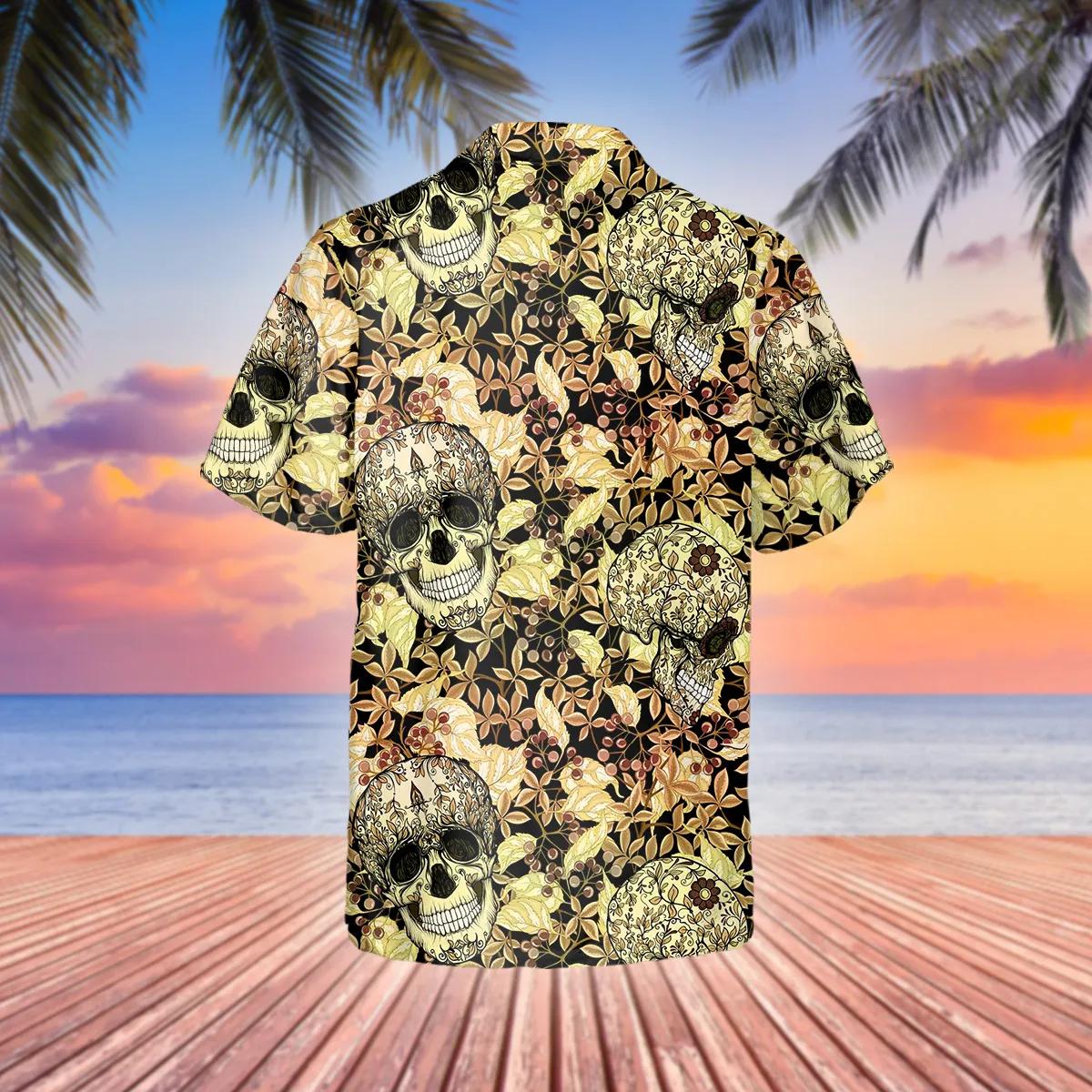 Yellow Plant Seamless Pattern Skull Hawaiian Shirt, Hawaiian Button Up Shirt, Tropical Shirts For Men Moonbestprint