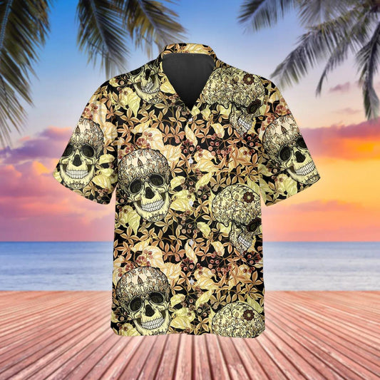 Yellow Plant Seamless Pattern Skull Hawaiian Shirt, Hawaiian Button Up Shirt, Tropical Shirts For Men Moonbestprint