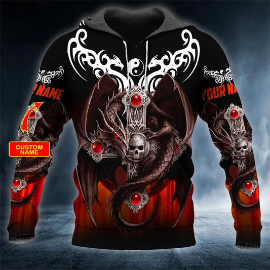 Yinyang Winged Dragon Cross Skull Custom 3D Hoodie Moonbestprint