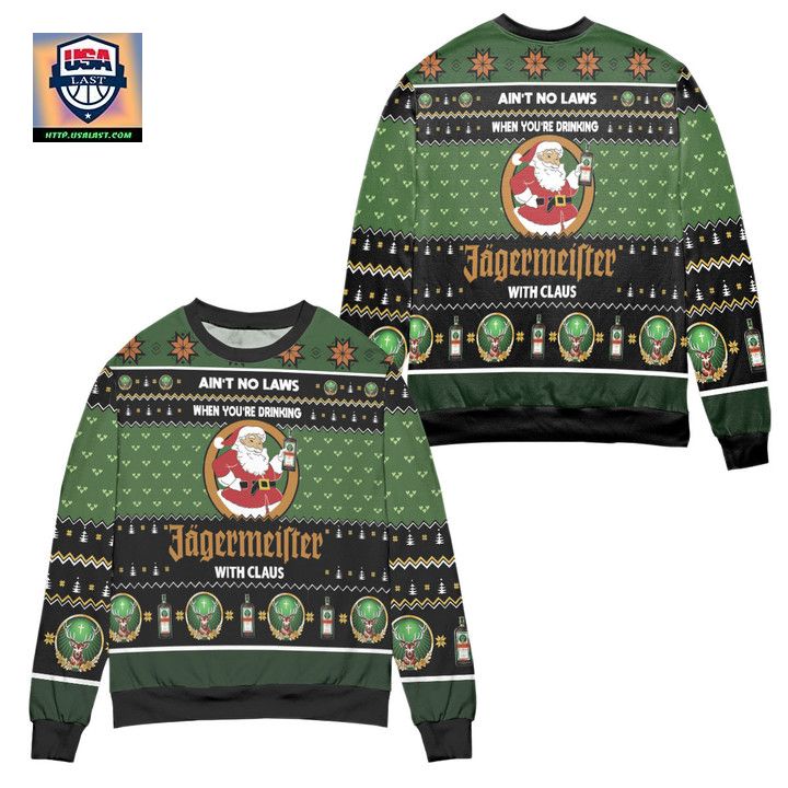 Aint No Laws When Youre Drinking Jagermeister With Claus Ugly Christmas Sweater ? Black Green ? Usalast
