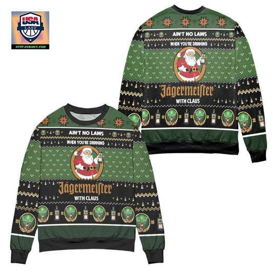 Aint No Laws When Youre Drinking Jagermeister With Claus Ugly Christmas Sweater ? Black Green ? Usalast