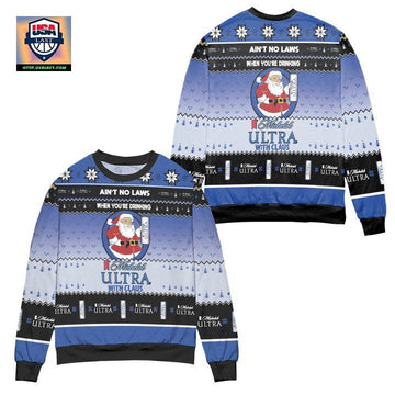 Aint No Laws When Youre Drinking Michelob Ultra With Claus Ugly Christmas Sweater ? Black Blue ? Usalast