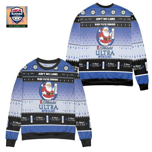 Aint No Laws When Youre Drinking Michelob Ultra With Claus Ugly Christmas Sweater ? Black Blue ? Usalast