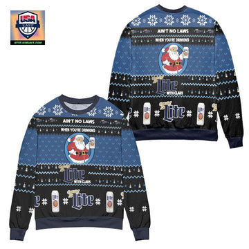 Aint No Laws When Youre Drinking Miller Lite With Claus Ugly Christmas Sweater ? Black Blue ? Usalast