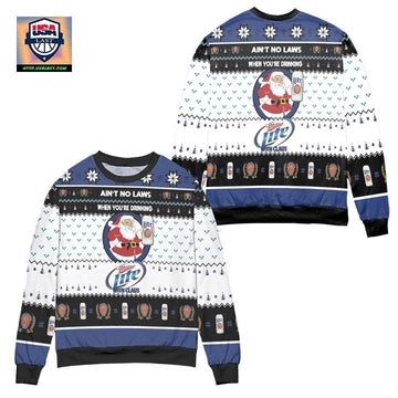 Aint No Laws When Youre Drinking Miller Lite With Claus Ugly Christmas Sweater ? White Blue ? Usalast