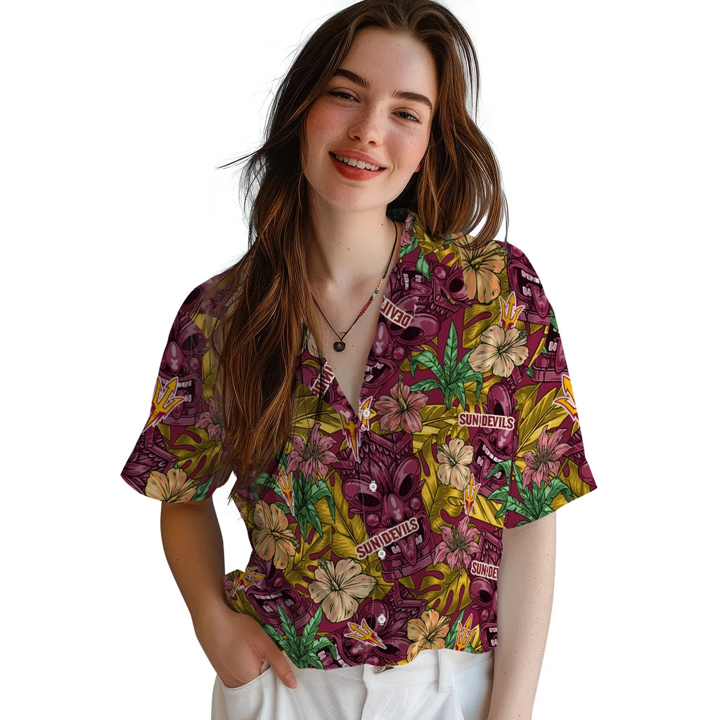 Arizona State Sun Devils Hawaiian Shirt - Hibiscus Tiki Jungle | Moonbestprint