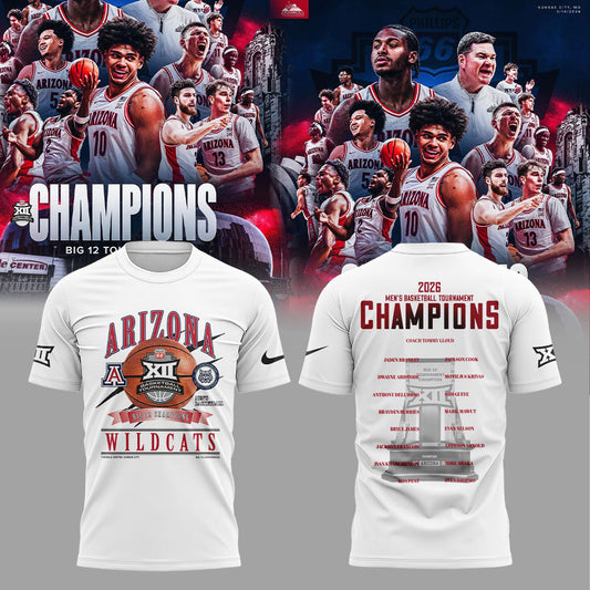 Arizona Wildcats 2026 Big 12 Men's Basketball Tournament Championship White Shirt V2 | JV86 Moonbestprint