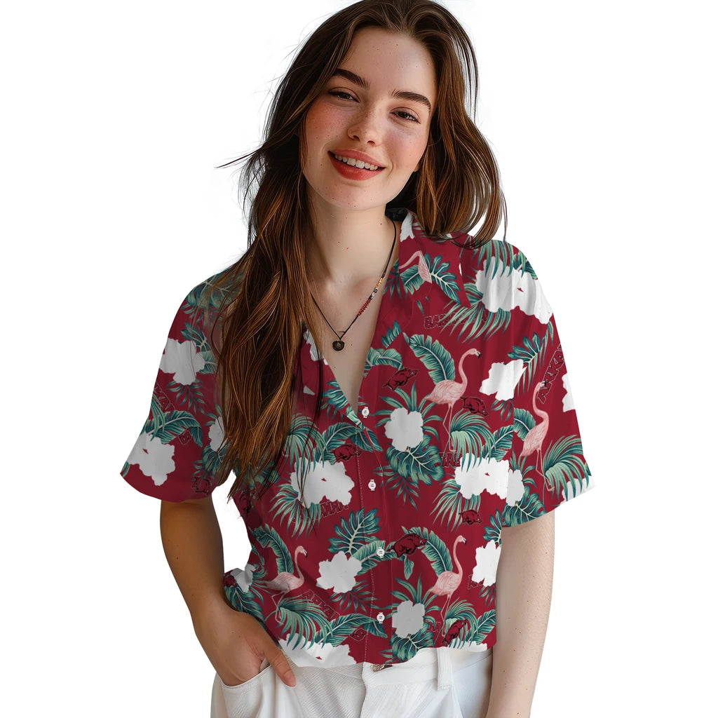 Arkansas Razorbacks Hawaiian Shirt - Flamingo and Hibiscus | Moonbestprint