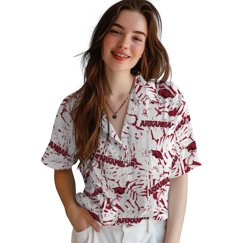 Arkansas Razorbacks Hawaiian Shirt - Hibiscus Overlay | Moonbestprint