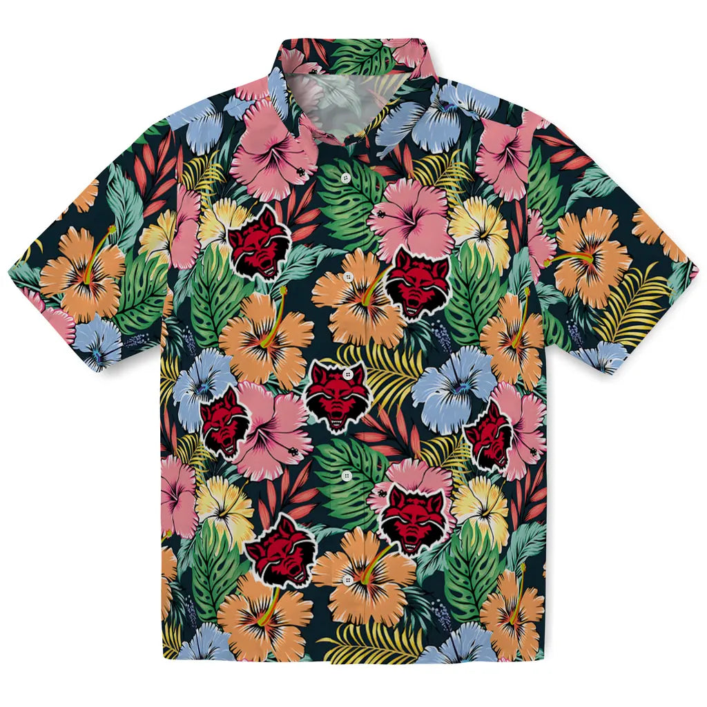 Arkansas State Red Wolves Hawaiian Shirt - Brilliant Hibiscus Garden | Moonbestprint