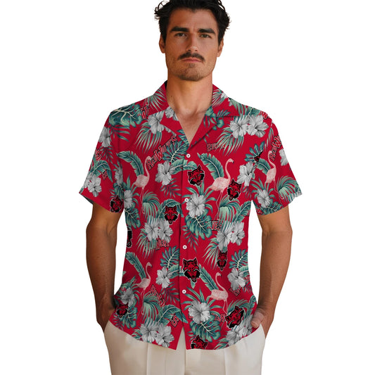 Arkansas State Red Wolves Hawaiian Shirt - Flamingo and Hibiscus | Moonbestprint
