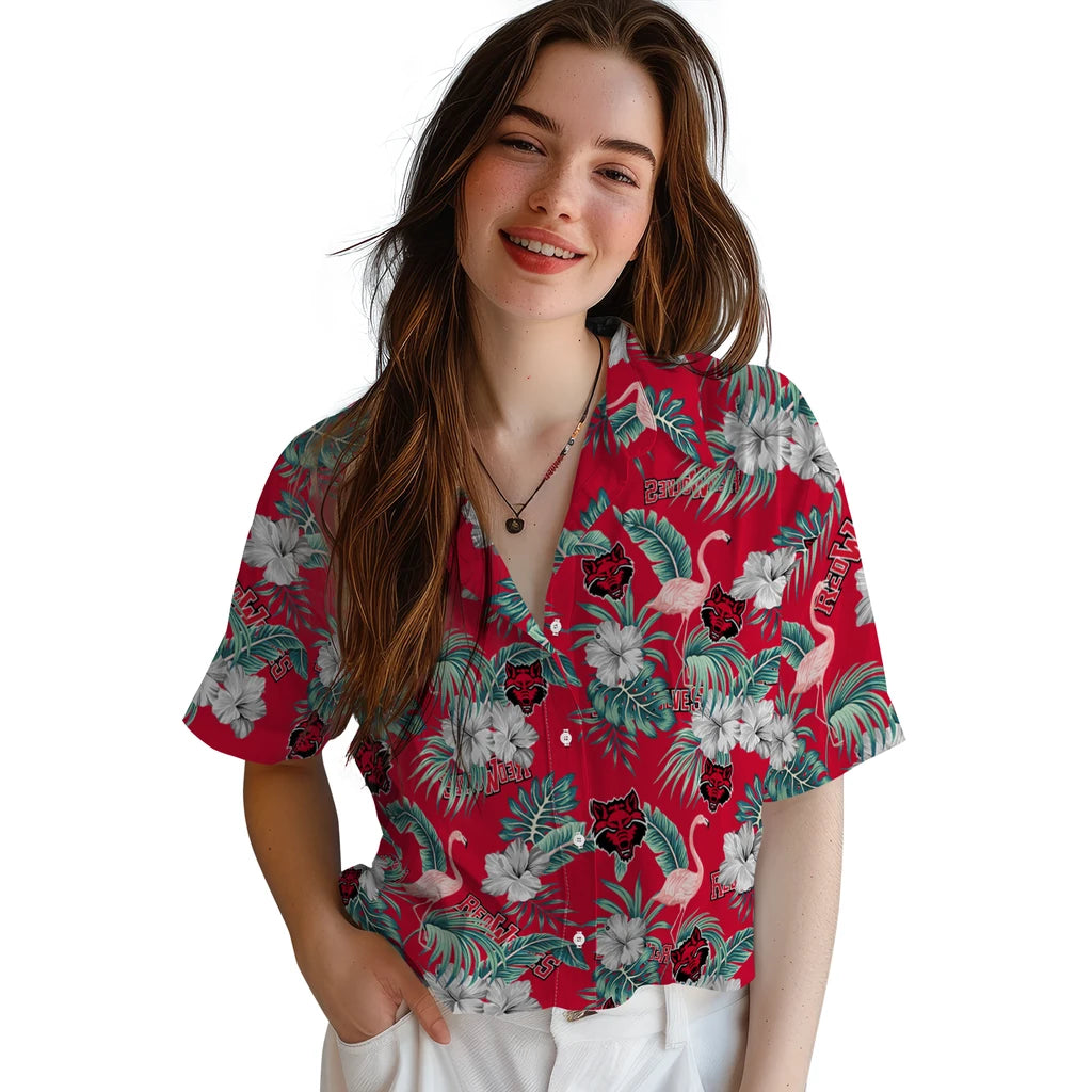 Arkansas State Red Wolves Hawaiian Shirt - Flamingo and Hibiscus | Moonbestprint