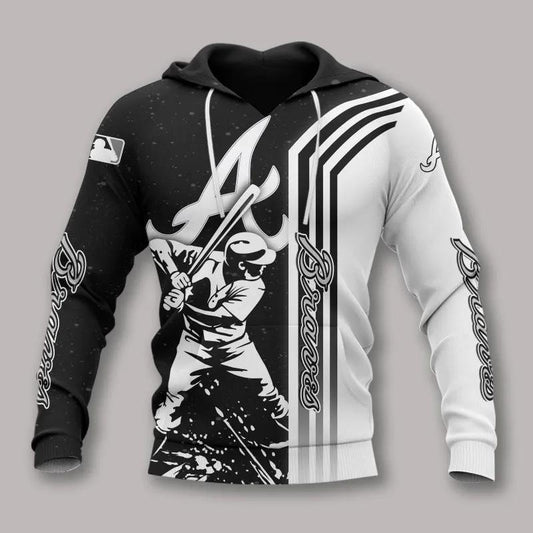 Atlanta Braves Black And White MLB All Over Print Hoodie -Moonbestprint