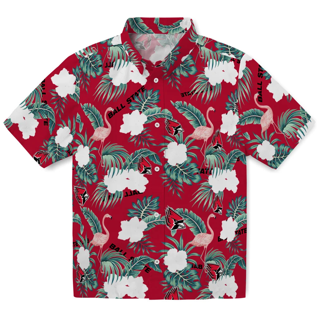 Ball State Cardinals Hawaiian Shirt - Flamingo and Hibiscus | Moonbestprint