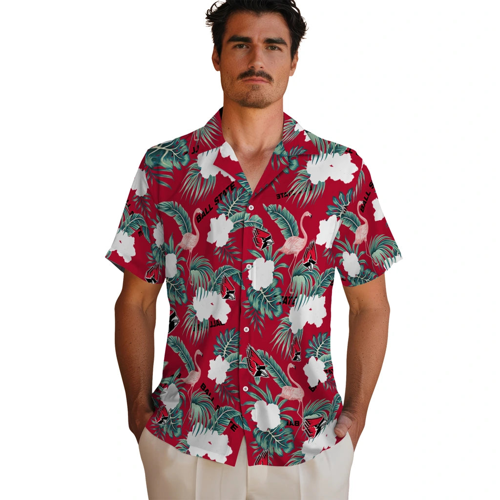Ball State Cardinals Hawaiian Shirt - Flamingo and Hibiscus | Moonbestprint