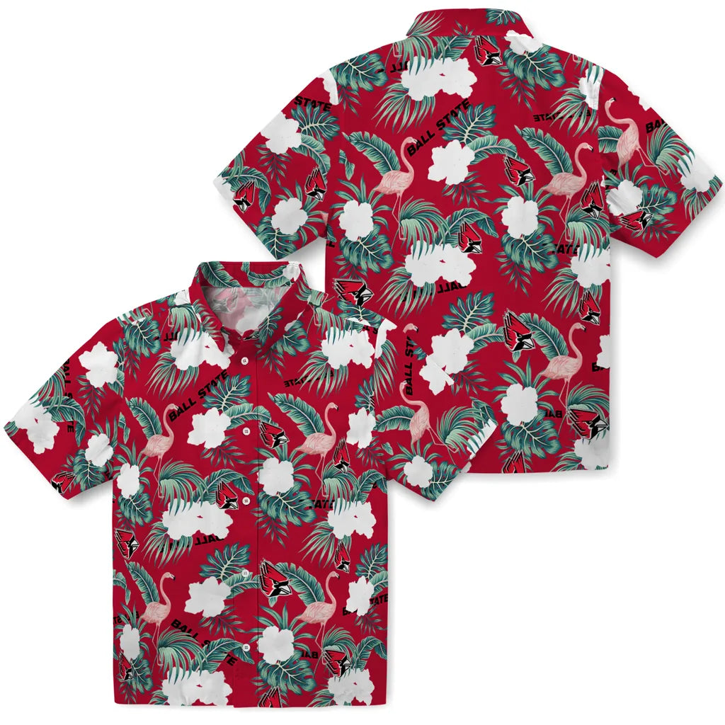 Ball State Cardinals Hawaiian Shirt - Flamingo and Hibiscus | Moonbestprint