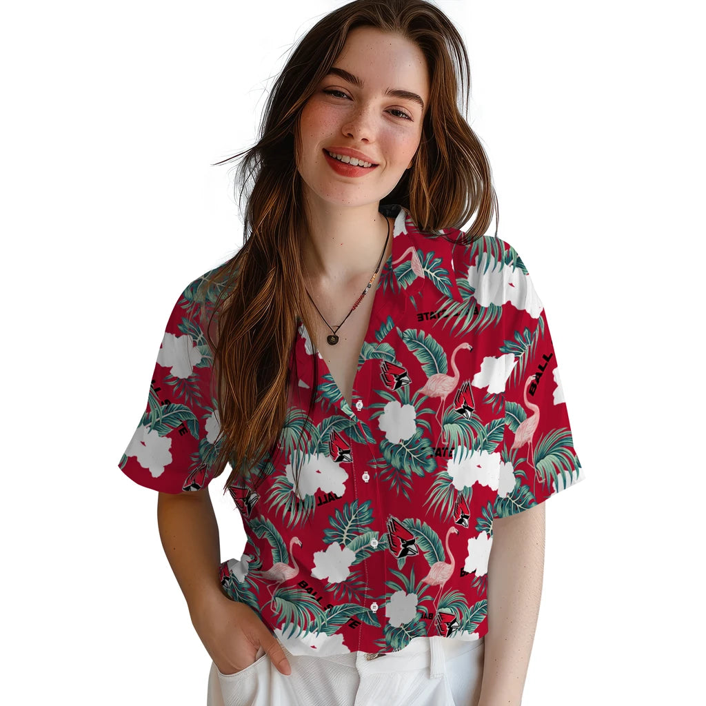 Ball State Cardinals Hawaiian Shirt - Flamingo and Hibiscus | Moonbestprint