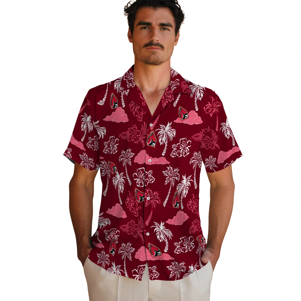 Ball State Cardinals Hawaiian Shirt - Palm And Clouds | Moonbestprint