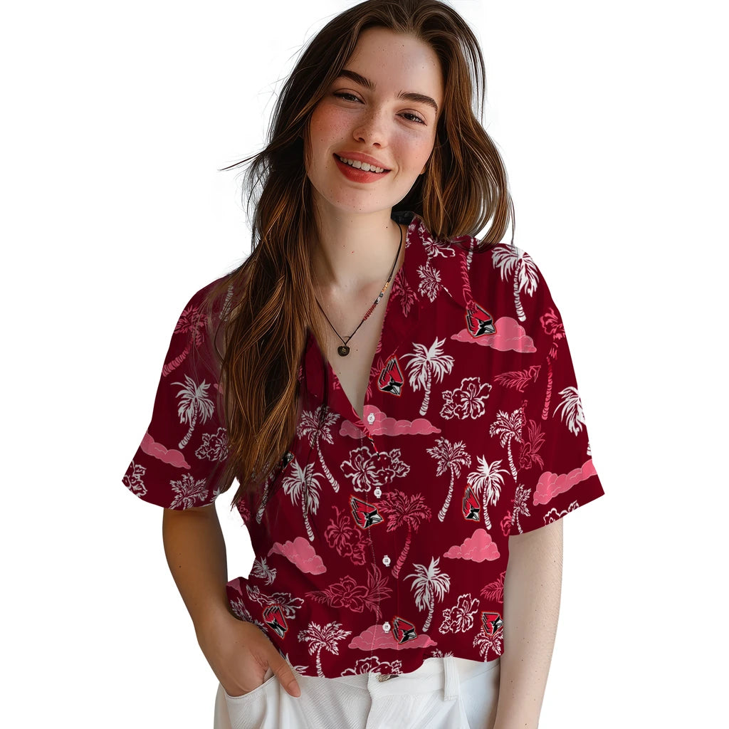 Ball State Cardinals Hawaiian Shirt - Palm And Clouds | Moonbestprint