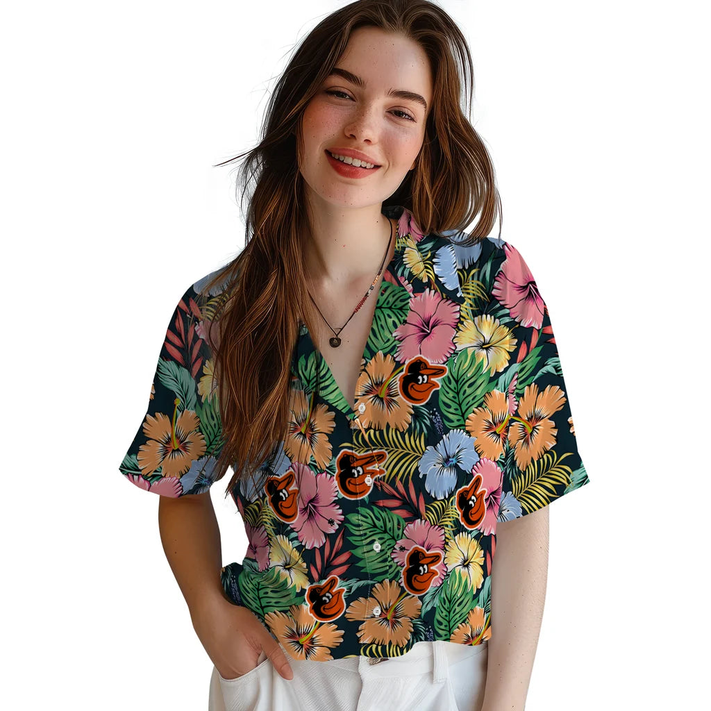 Baltimore Orioles Hawaiian Shirt - Brilliant Hibiscus Garden | Moonbestprint