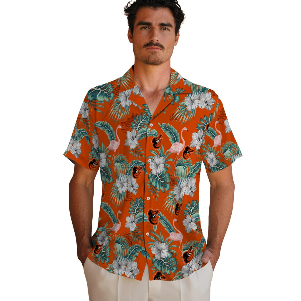 Baltimore Orioles Hawaiian Shirt - Flamingo and Hibiscus | Moonbestprint
