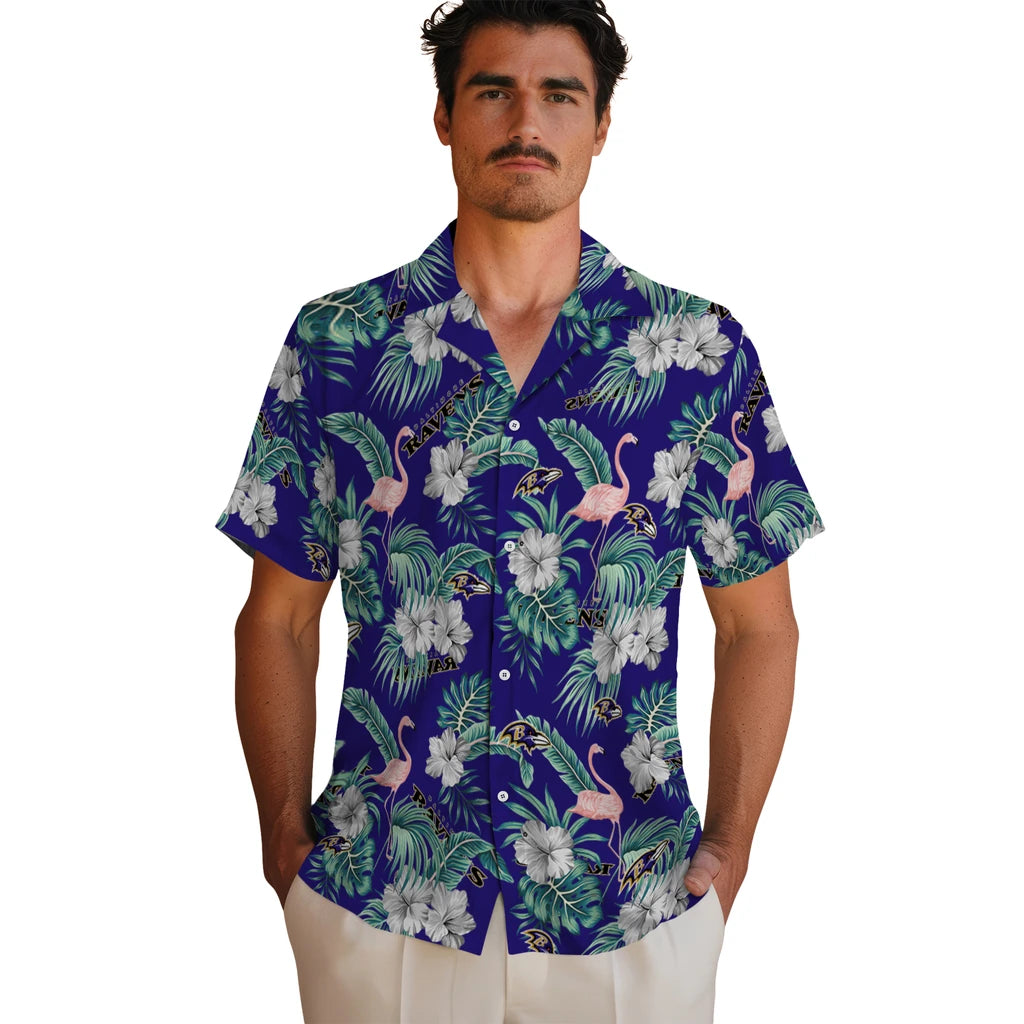 Baltimore Ravens Hawaiian Shirt - Flamingo and Hibiscus | Moonbestprint