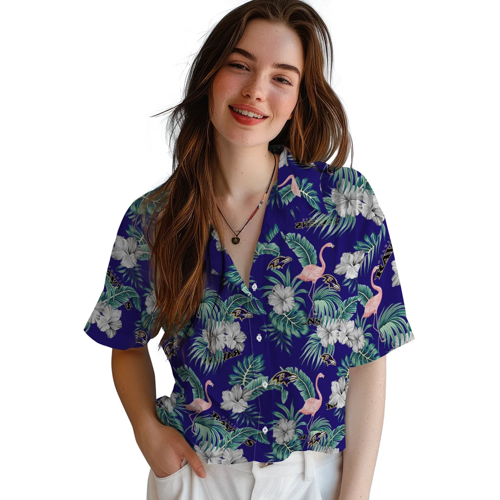Baltimore Ravens Hawaiian Shirt - Flamingo and Hibiscus | Moonbestprint