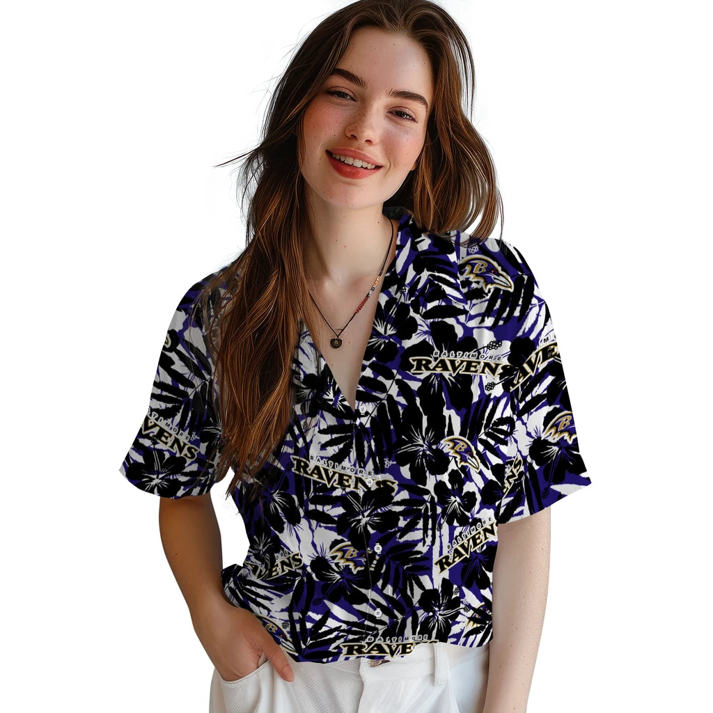 Baltimore Ravens Hawaiian Shirt - Hibiscus Overlay | Moonbestprint