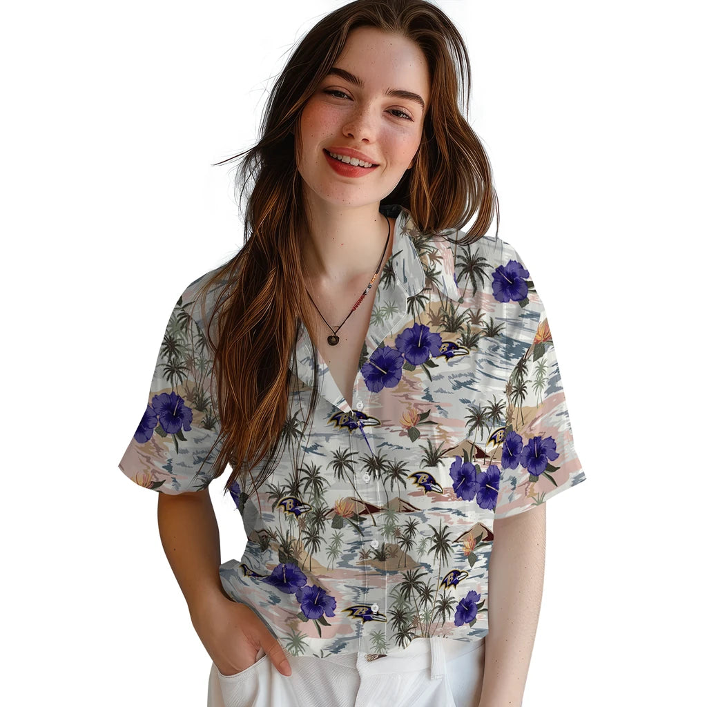 Baltimore Ravens Hawaiian Shirt - Hibiscus Seaside | Moonbestprint