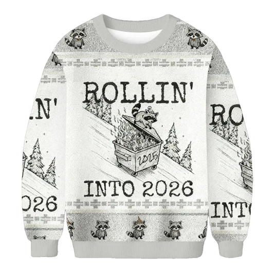 Unisex Funny Raccoon Rollin’ Into 2026 Christmas Ugly Sweater for Christmas Fans – Moonbestprint