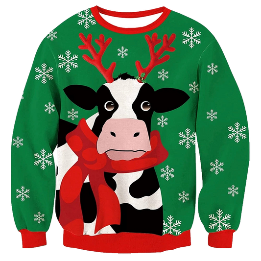 Unisex Milk Cow Print Round Neck Ugly Christmas Sweatshirt - Moonbestprint