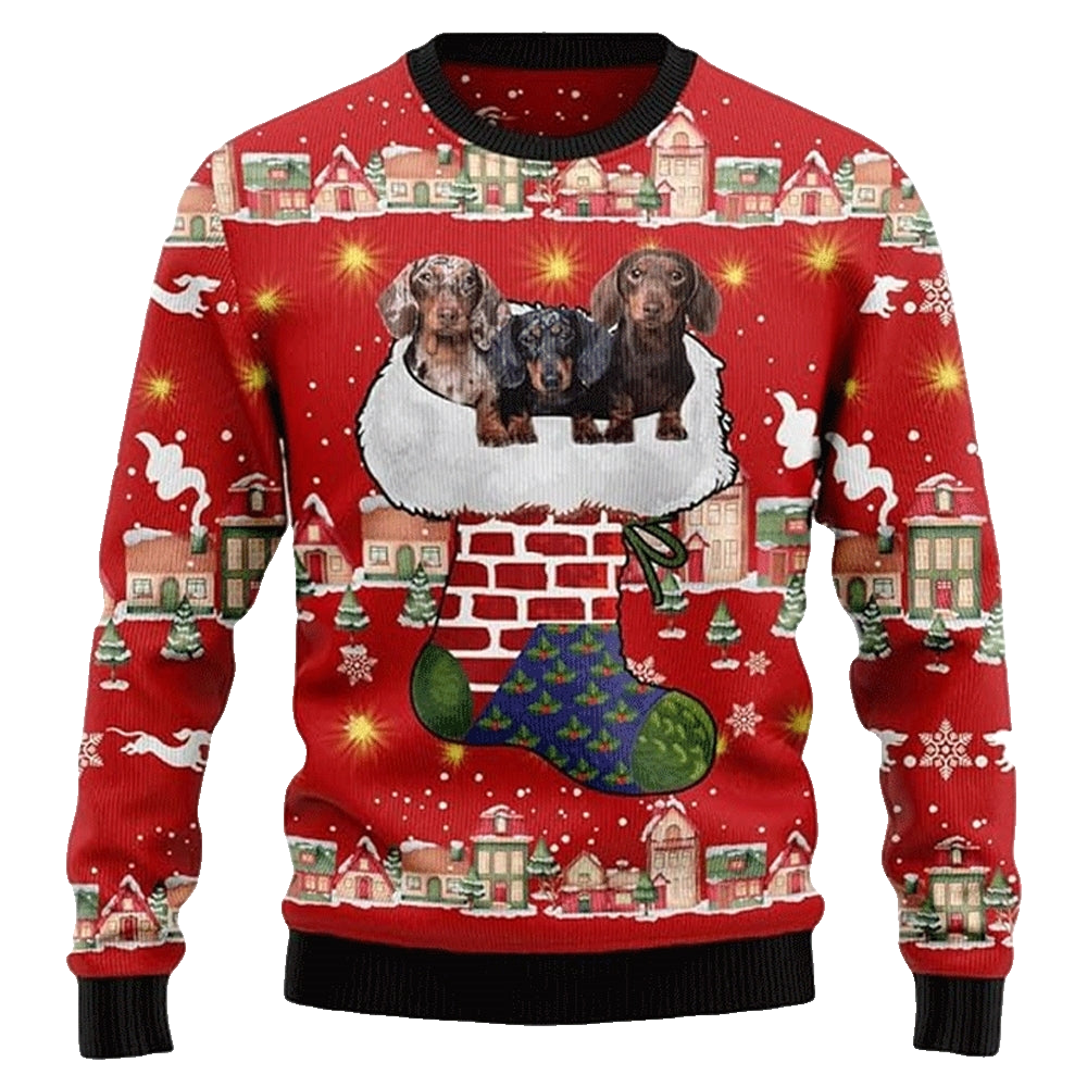 Unisex Christmas Dachshund Through The Snow 3D Print Cute Sausage Dog Ugly Sweatshirt - Moonbestprint
