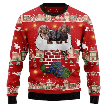 Unisex Christmas Dachshund Through The Snow 3D Print Cute Sausage Dog Ugly Sweatshirt - Moonbestprint