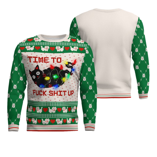 Time to Fuck Shit up Cat Ugly Christmas Sweater Green – Moonbestprint