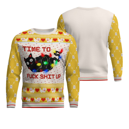 Time to Fuck Shit up Cat Ugly Christmas Sweater Gold Metallic – Moonbestprint