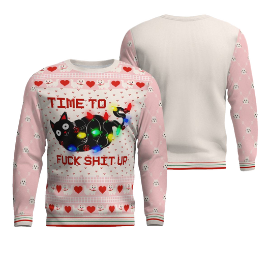 Time to Fuck Shit up Cat Ugly Christmas Sweater Powder Pink – Moonbestprint