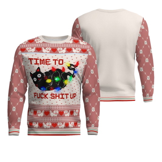 Time to Fuck Shit up Cat Ugly Christmas Sweater Mocha Mousse – Moonbestprint