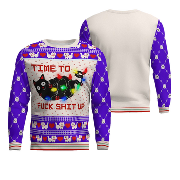 Time to Fuck Shit up Cat Ugly Christmas Sweater Blue – Moonbestprint
