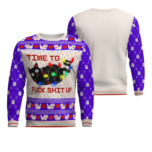 Time to Fuck Shit up Cat Ugly Christmas Sweater Blue – Moonbestprint