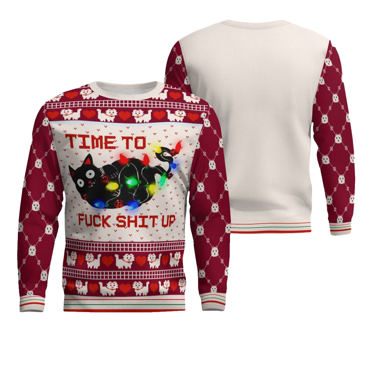 Time to Fuck Shit up Cat Ugly Christmas Sweater Burgundy – Moonbestprint