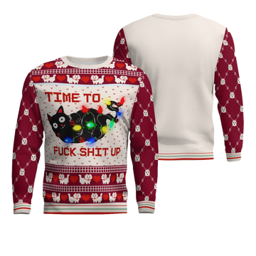 Time to Fuck Shit up Cat Ugly Christmas Sweater Burgundy – Moonbestprint