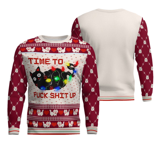 Time to Fuck Shit up Cat Ugly Christmas Sweater Burgundy – Moonbestprint