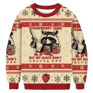 Strawberry Jams Raccoon Glock Ugly Christmas Sweater - Moonbestprint