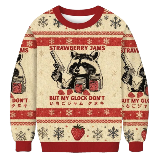 Strawberry Jams Raccoon Glock Ugly Christmas Sweater - Moonbestprint