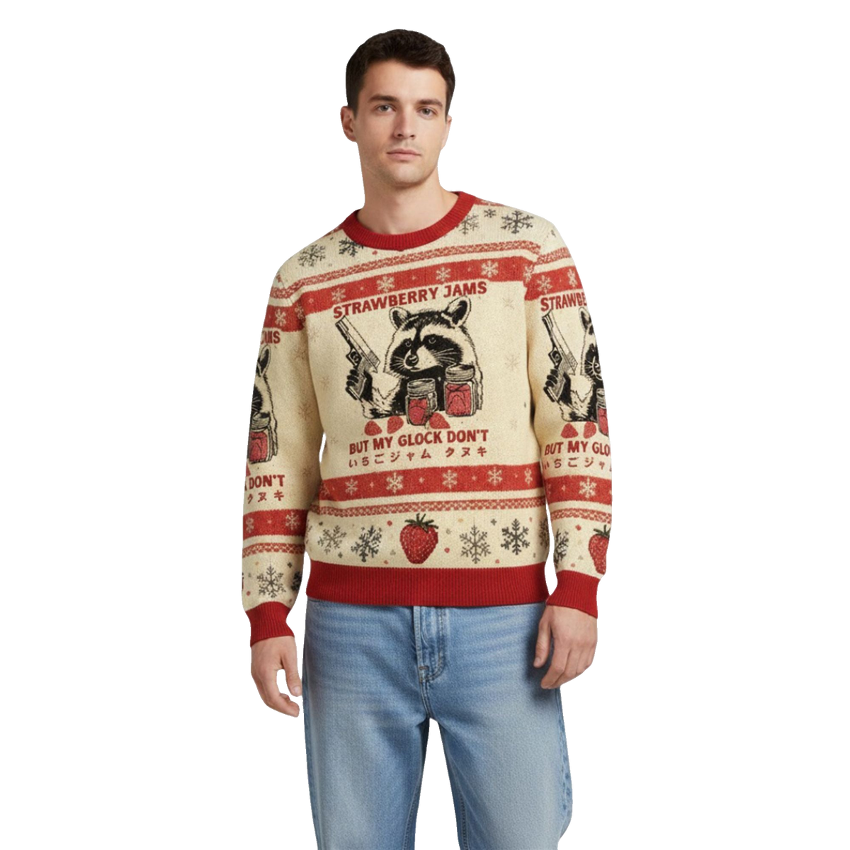 Strawberry Jams Raccoon Glock Ugly Christmas Sweater - Moonbestprint