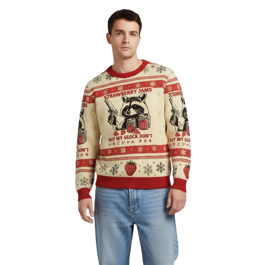 Strawberry Jams Raccoon Glock Ugly Christmas Sweater - Moonbestprint